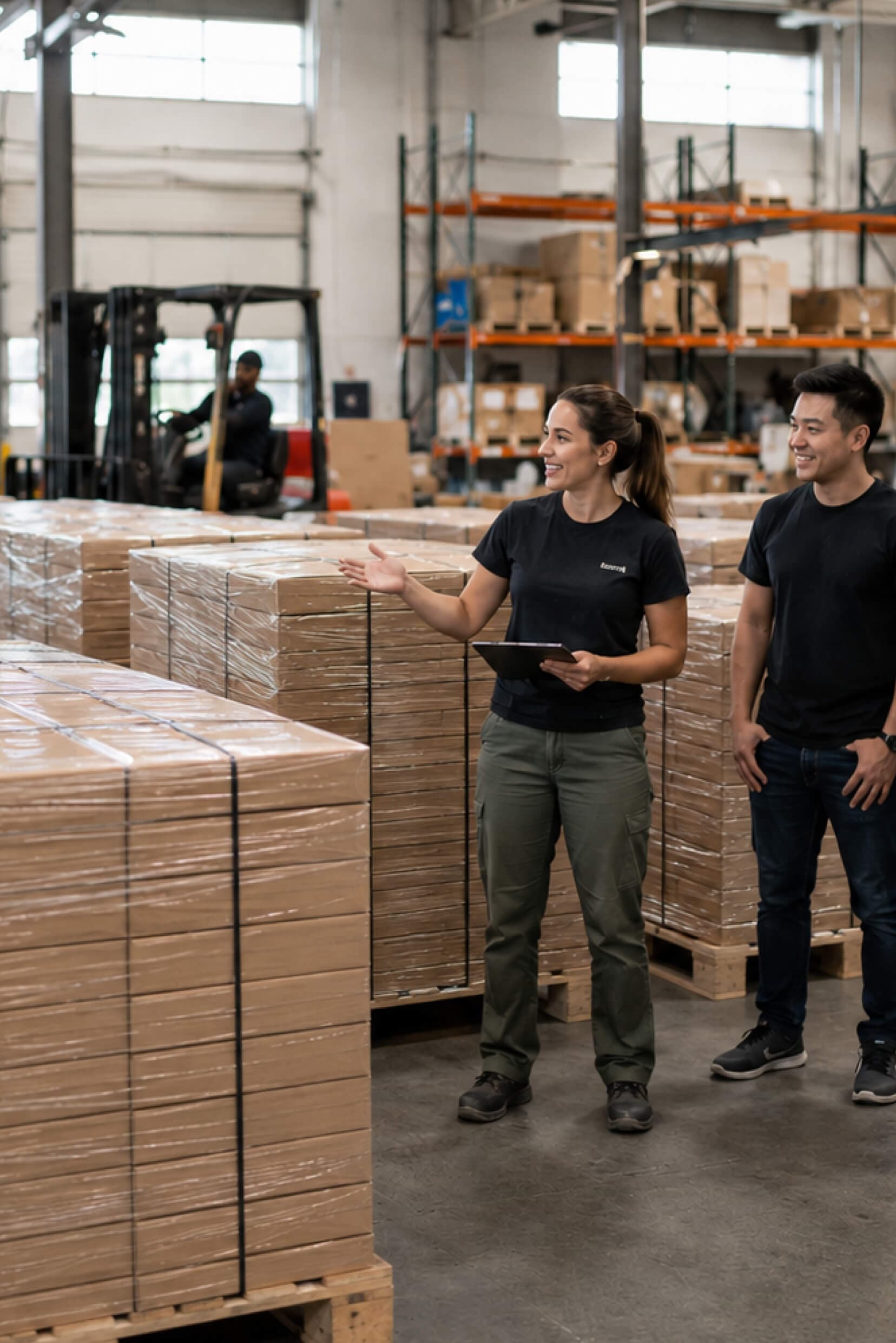 Palletised flat corrugated boxes in warehouse