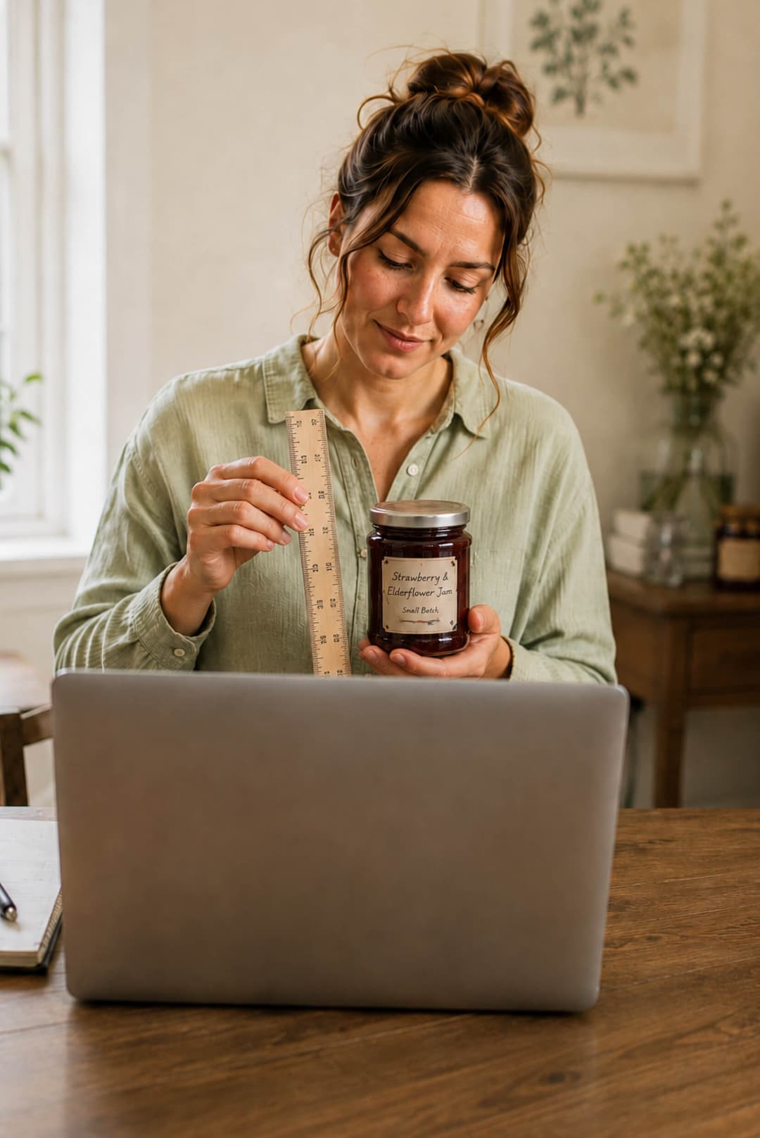 Woman measuring jam jar for packaging